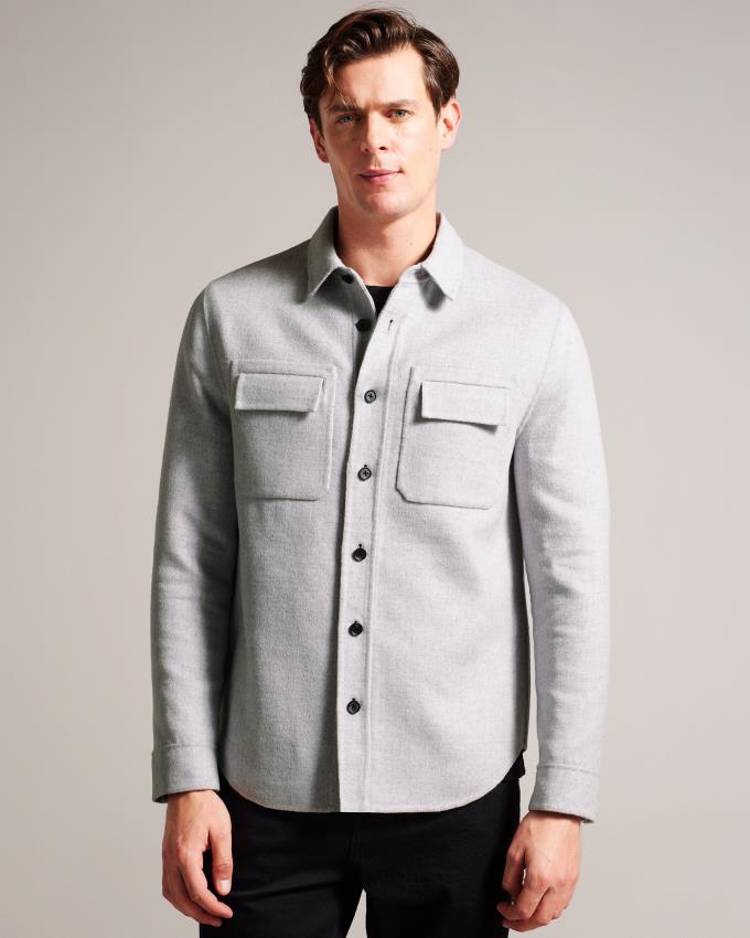 Chemises Ted Baker Wool Blend Overshirt Grise Clair Homme | DRR-43843784